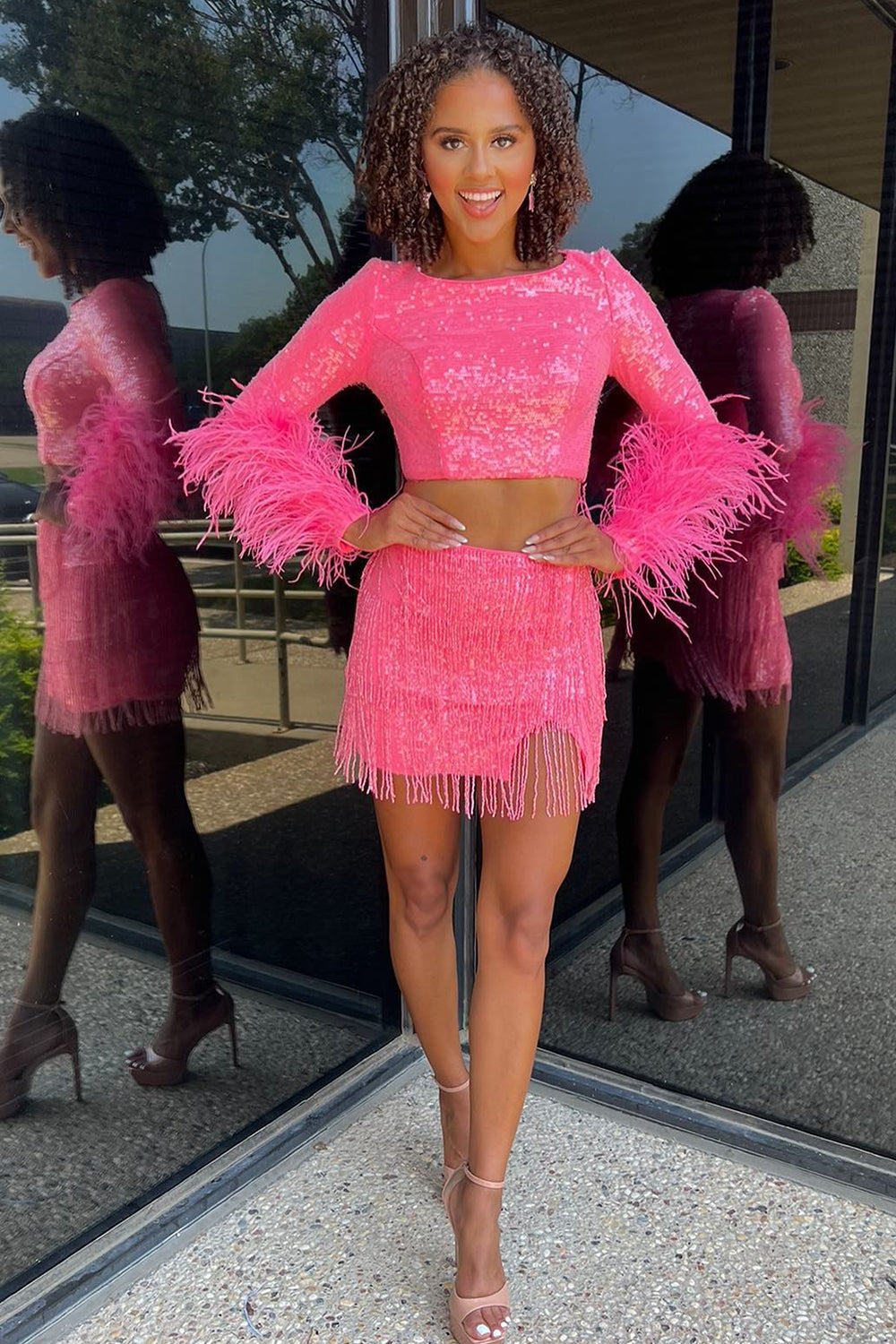 Sparkly Fuchsia Sequin Fringed Tight Short Homecoming Dress/Mini Dress with Feathers