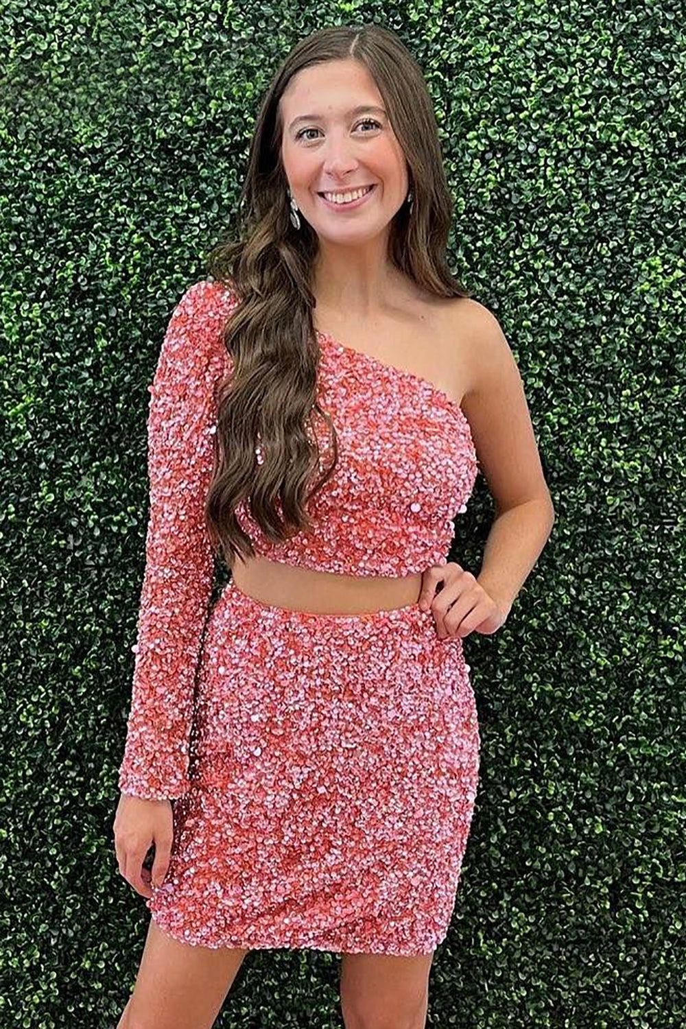 Sparkly Two Piece Blush Sequins One Shoulder Tight Homecoming Dress/Mini Dress