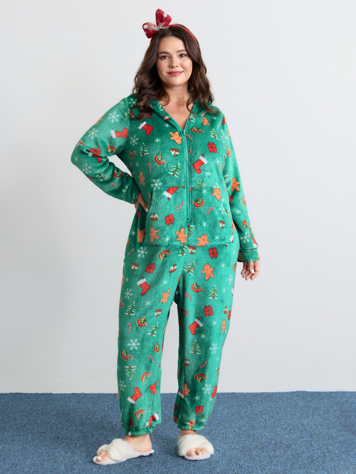 Fleece Holiday Joy Pockets Hooded Pajama Onesie