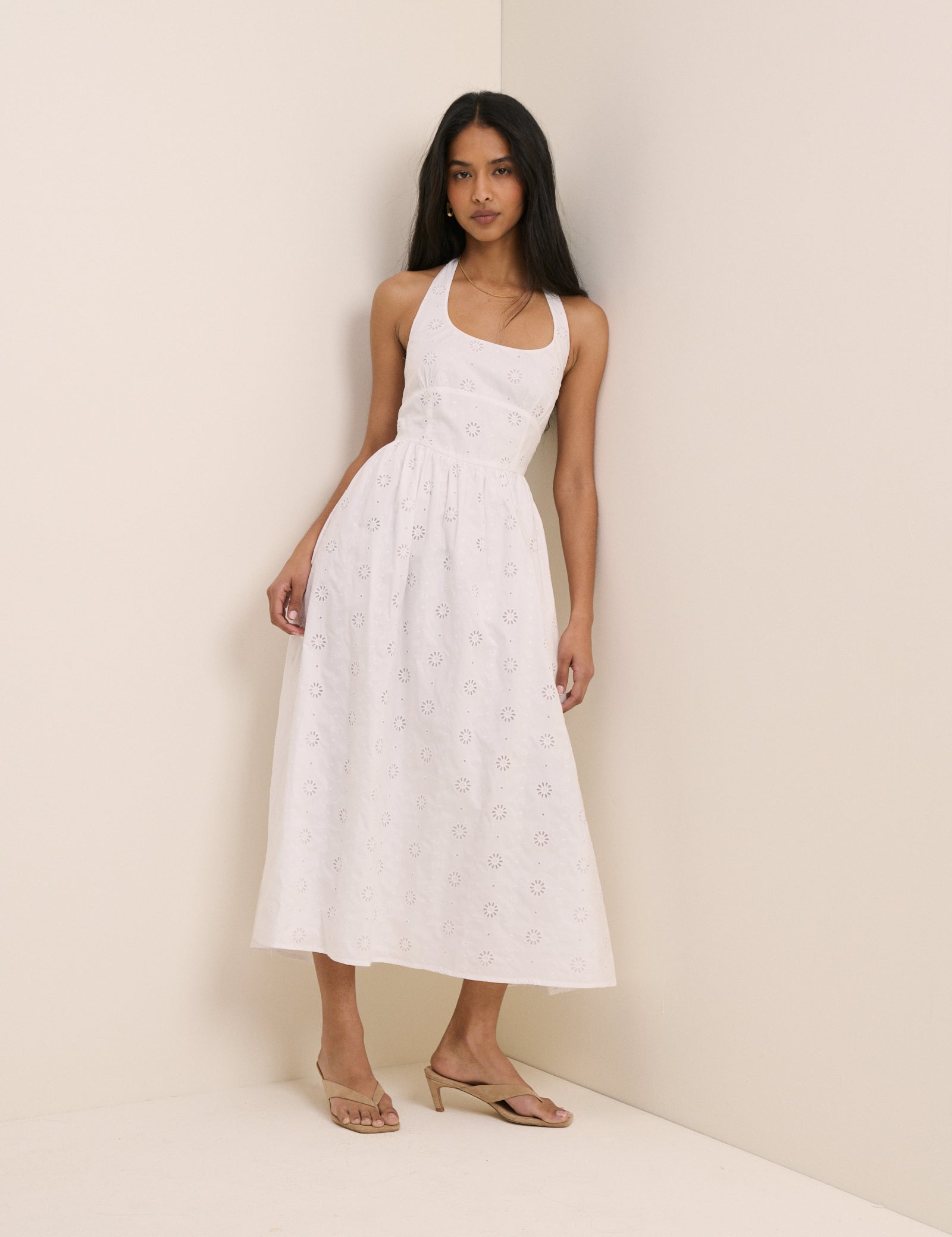 White Broderie Halterneck Hallie Midi Dress