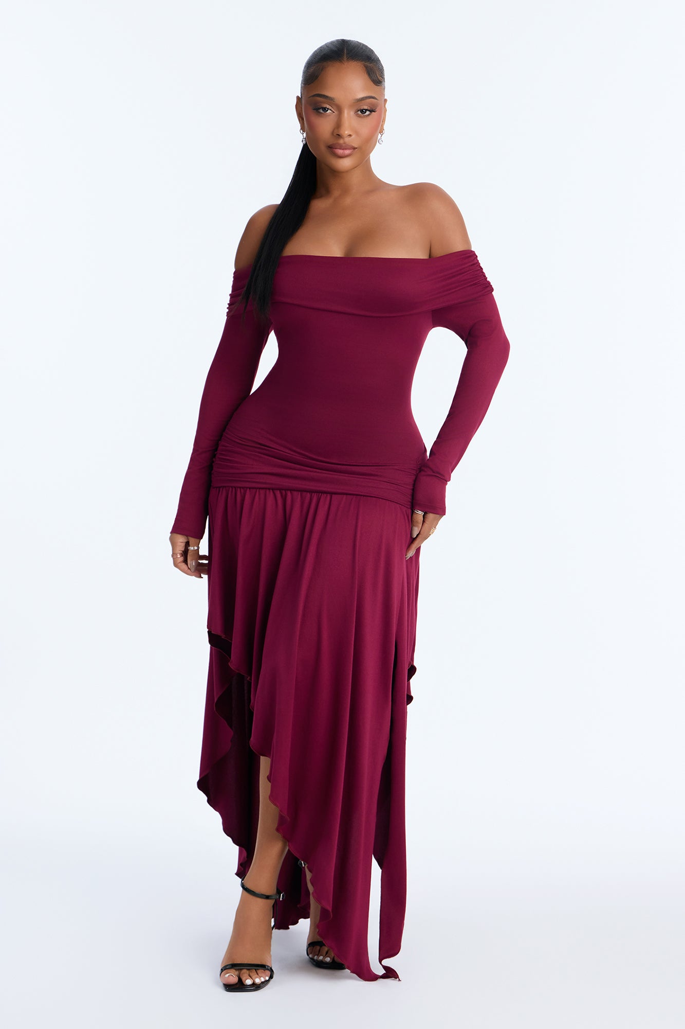 How Dramatic Can She Be Ruched Draped Midi Dress - Burgundy