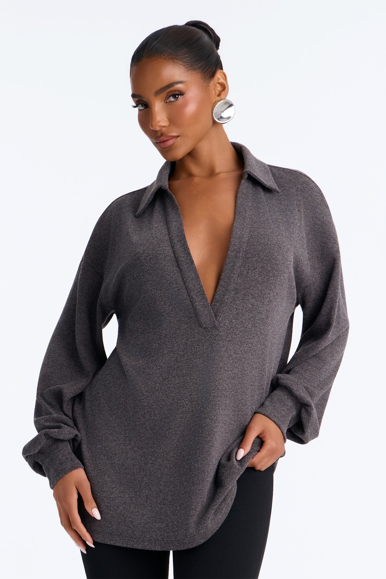 Lani Deep V-Neck Oversized Soft Polo Top - Charcoal