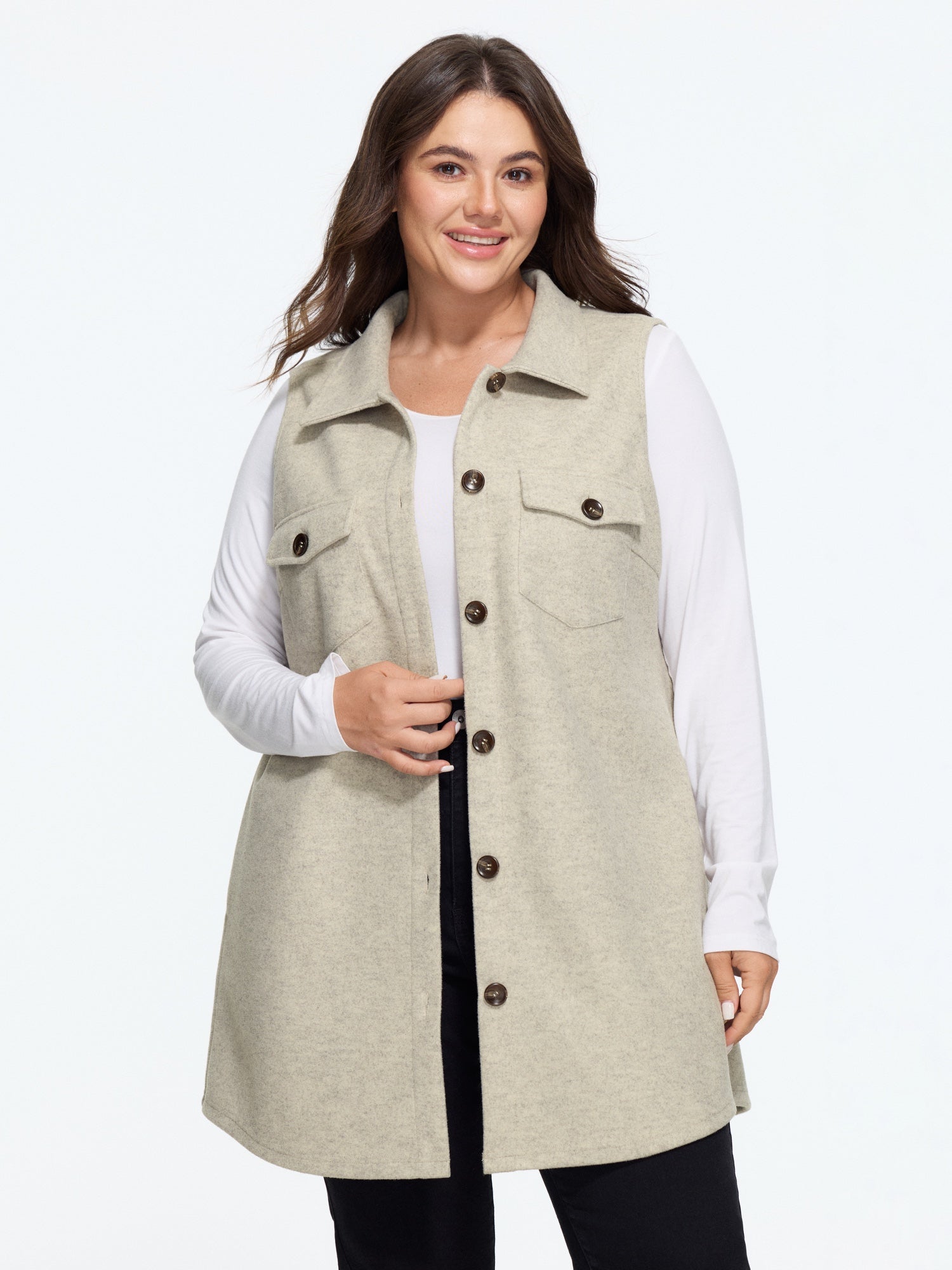 Solid Button‑Front Sleeveless Jacket