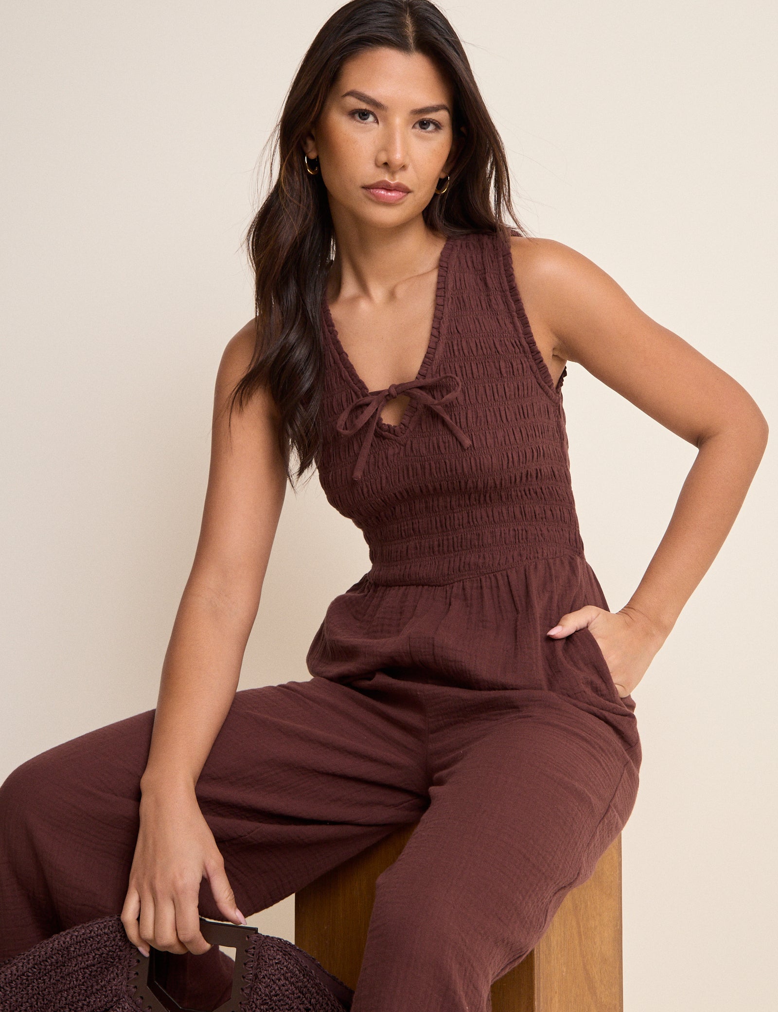 Brown Shirred Jayda Jumpsuit