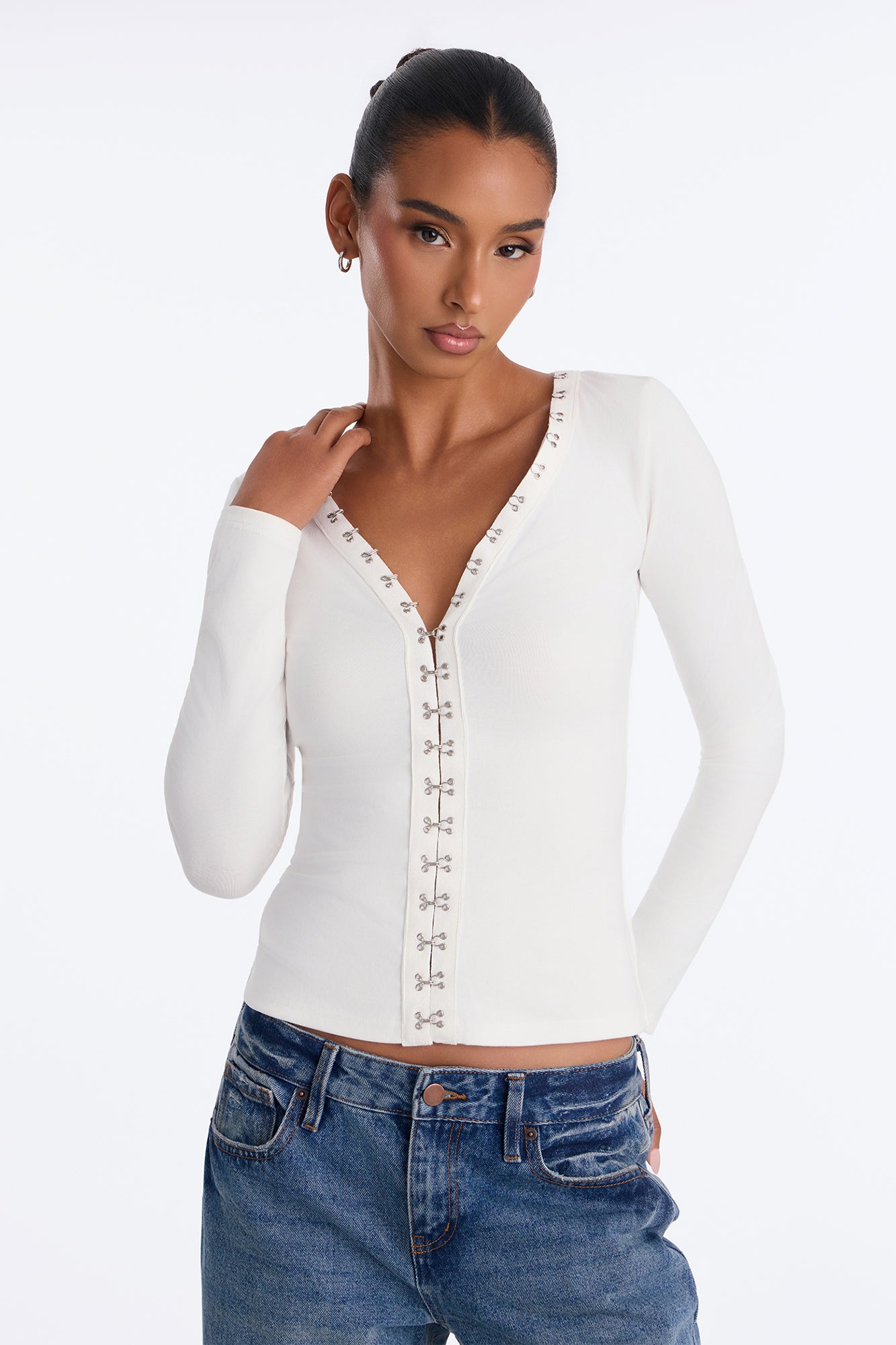Reese Ribbed Hook And Eye Long Sleeve Top - White