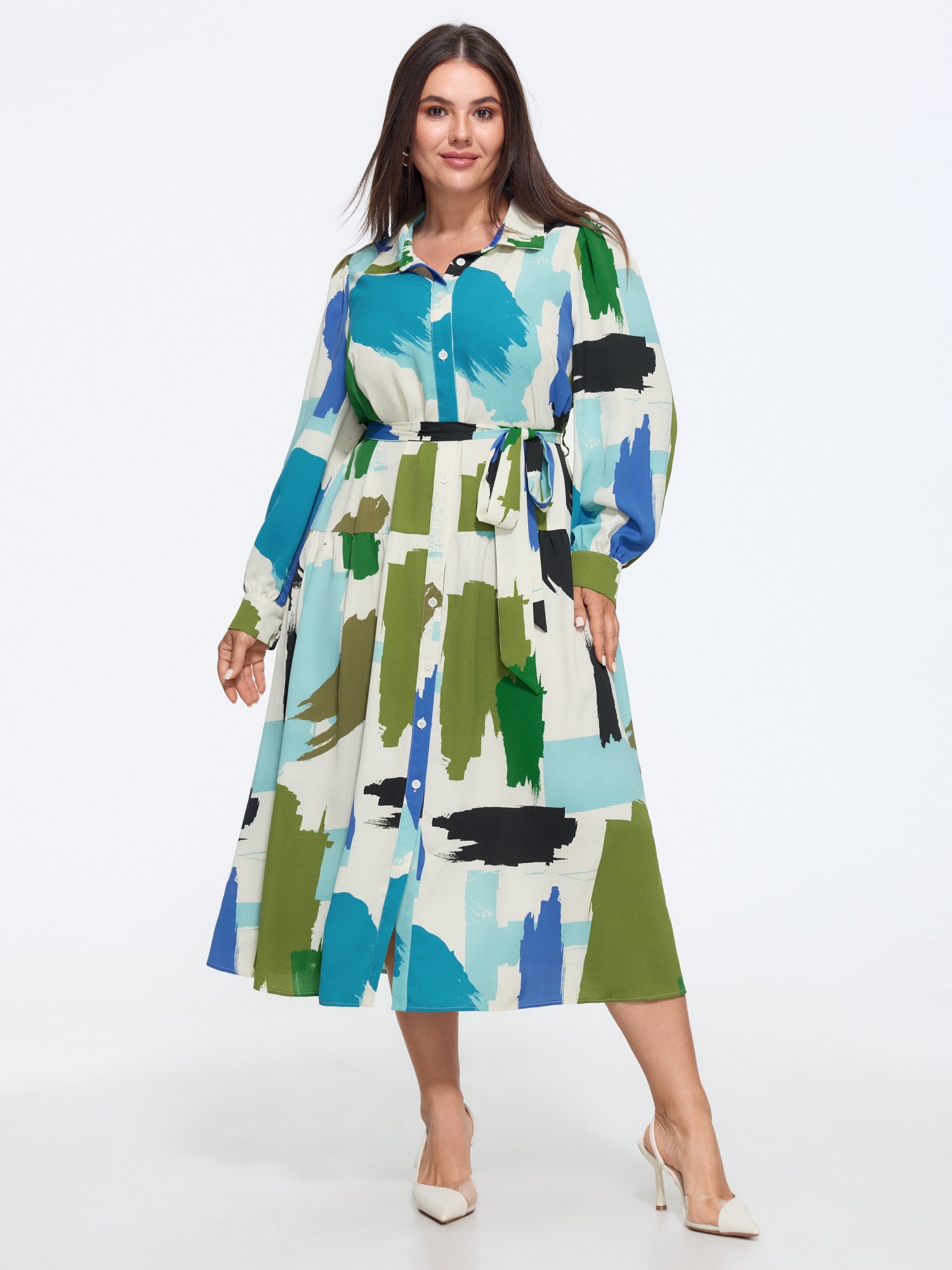 Abstract Brush Print Tie Waist Midi Dress