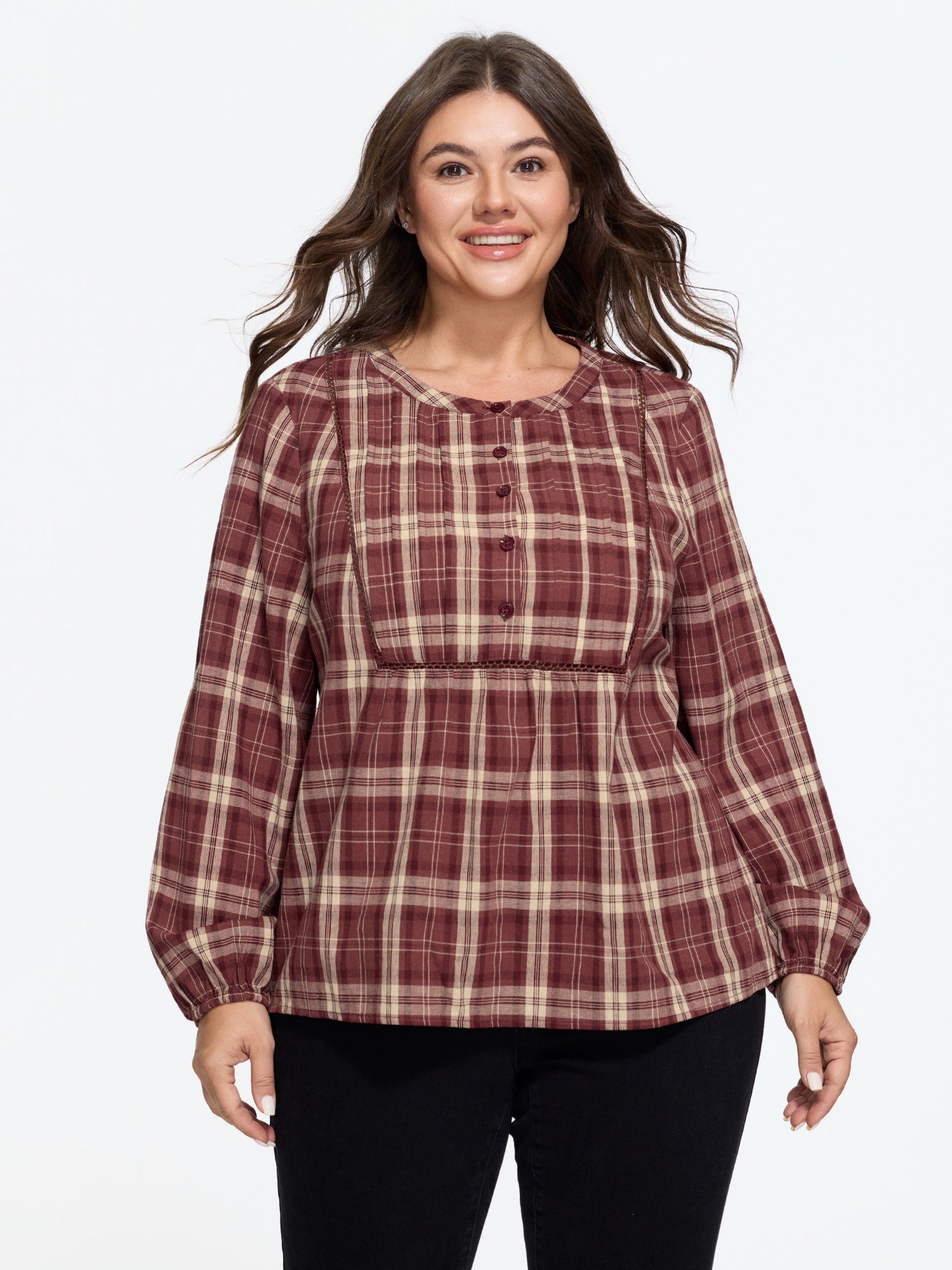 Plaid Eyelet Lace Babydoll Blouse