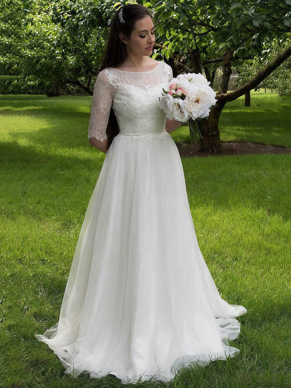 Beautiful A-Line Half Sleeves Lace Tulle Sweep Train Wedding Dresses