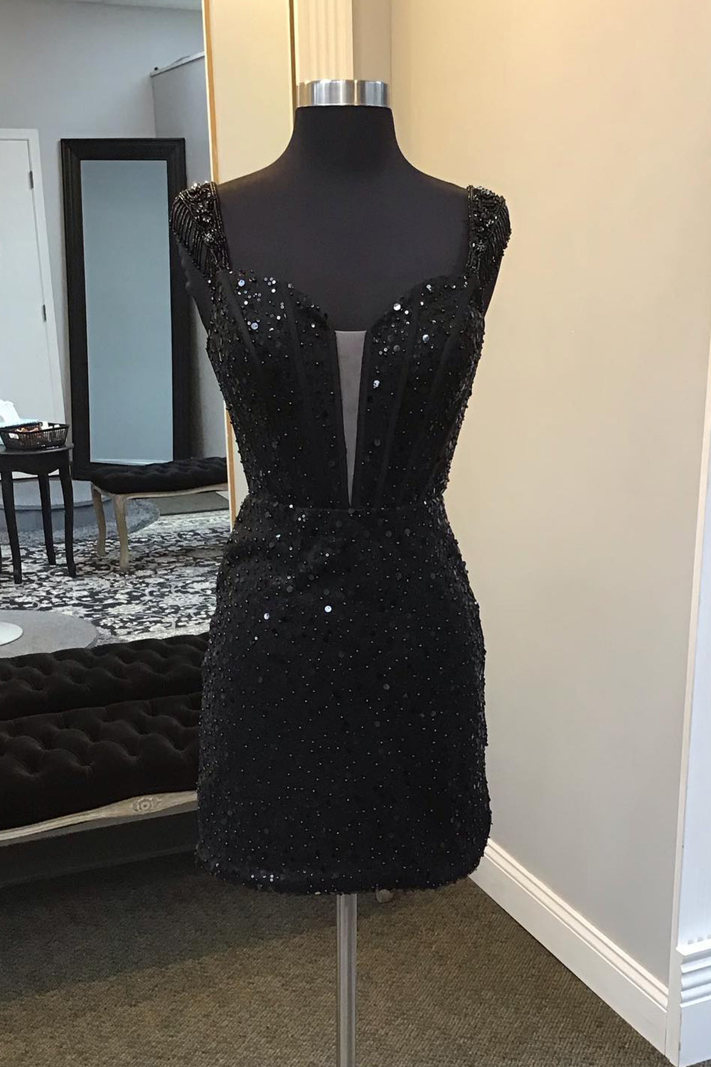 Sparkly Black Corset Fringed Sequin Tight Short Homecoming Dress/Mini Dress
