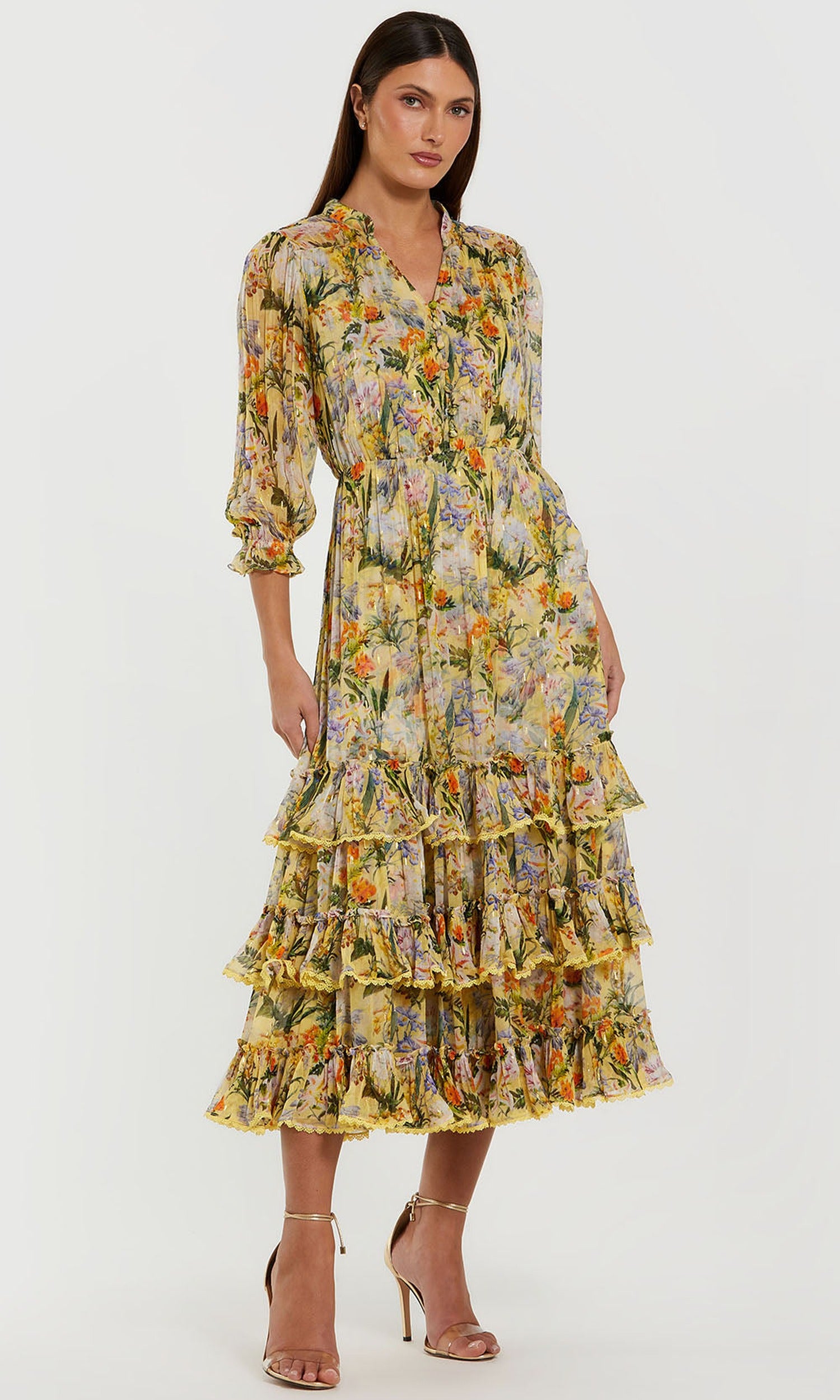 Mac Duggal 8335 - Collared V-Neck Floral Tea-Length Dress