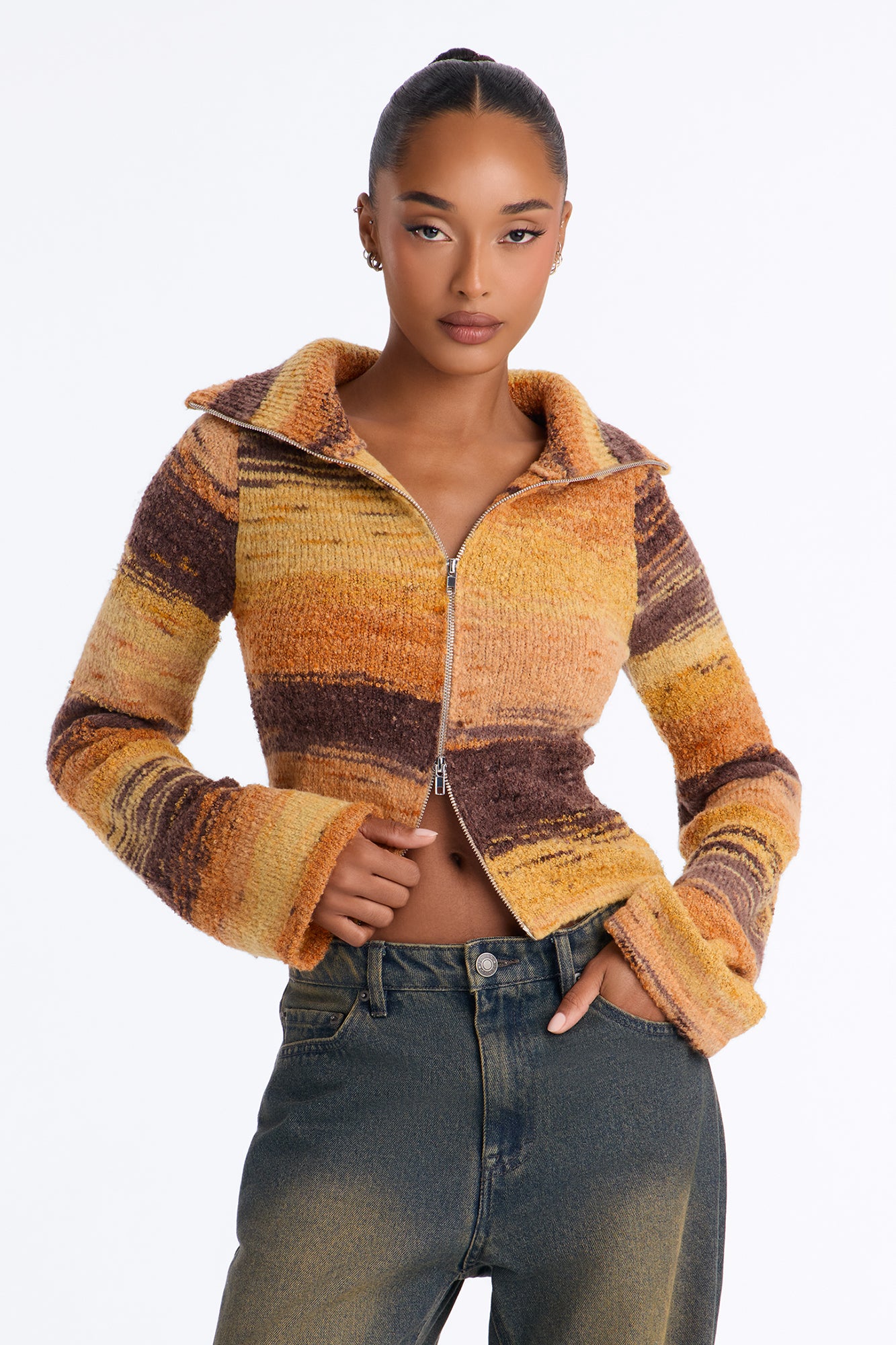 Take Your Time Front Zip Sweater - Rust/combo