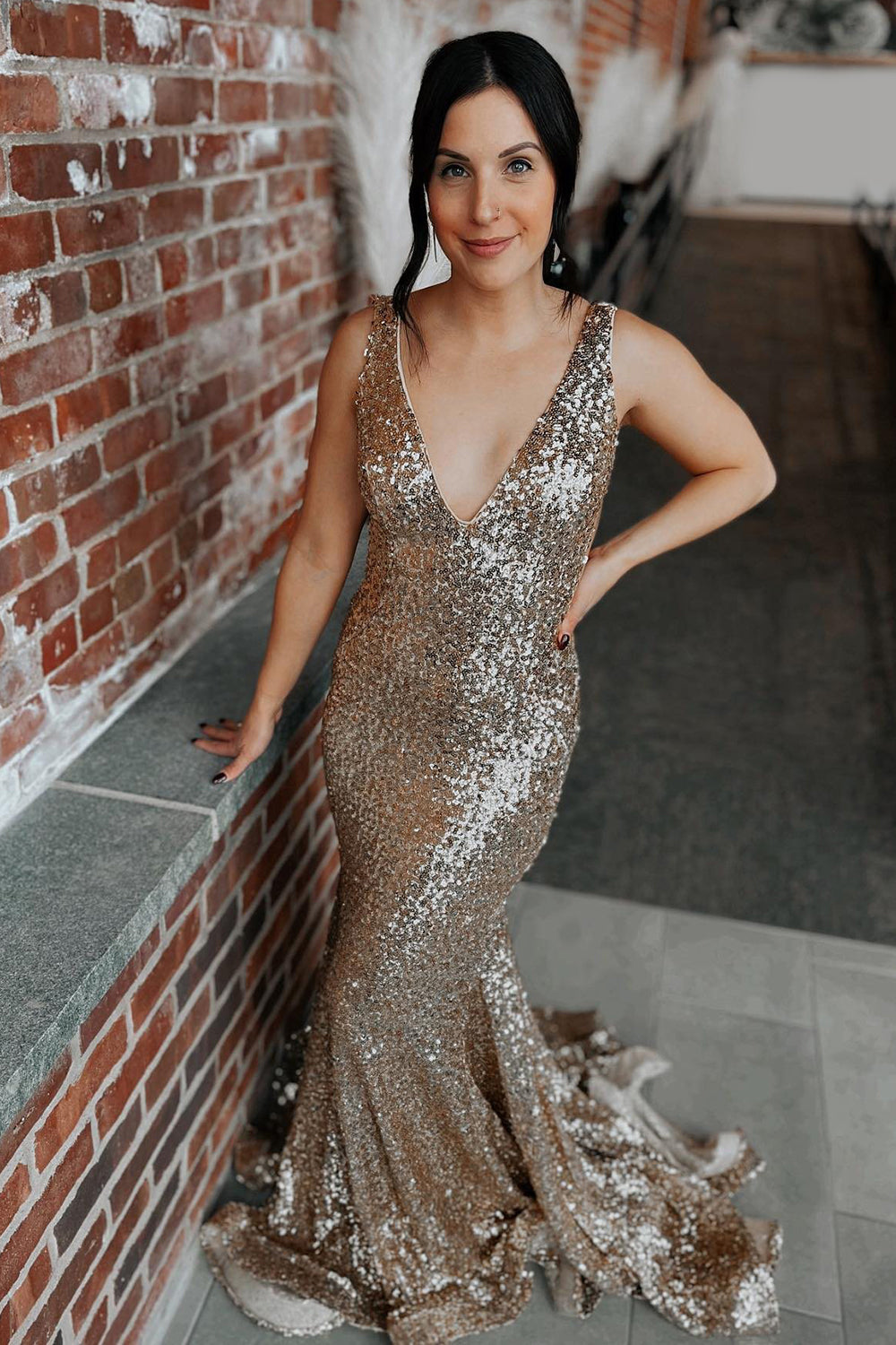 Champagne Sequined Long Prom Dress with Deep V Neck and Sweep Train