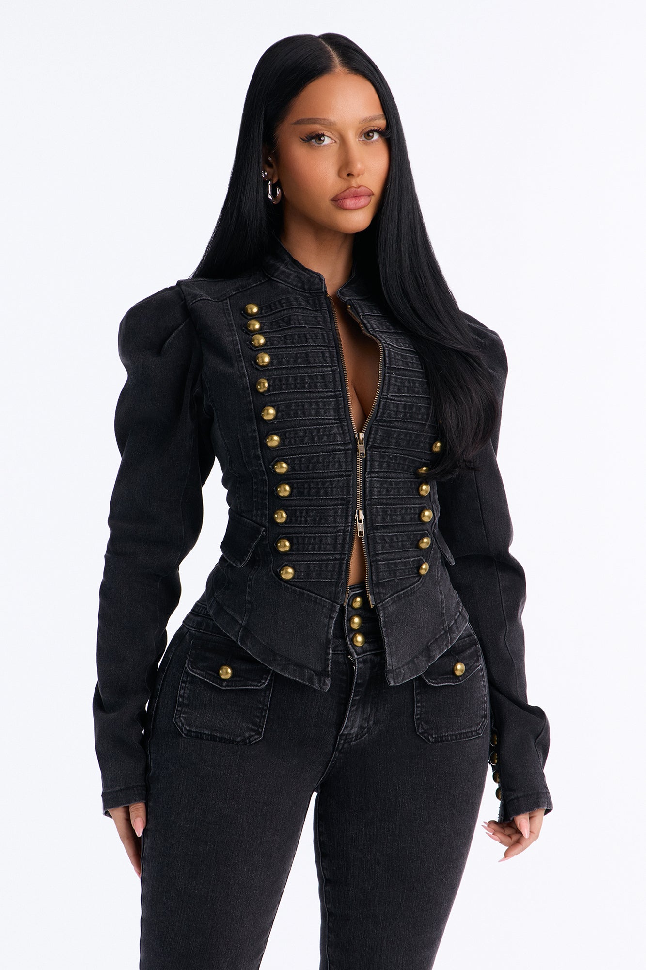 Royal Title Puff Sleeve Stretch Denim Jacket - Black Wash