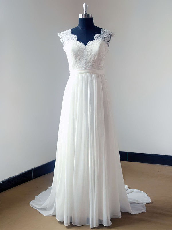 Sexy A-Line V-Neck Backless Chiffon Wedding Dresses with Sash