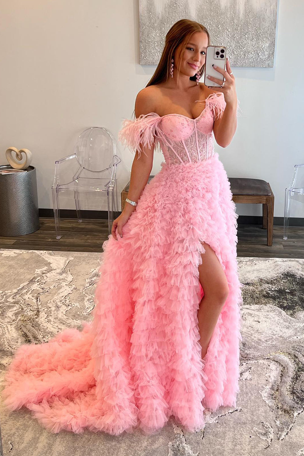 Pink Long Prom Dress with Feathers - Off-the-Shoulder A-Line Princess Style
