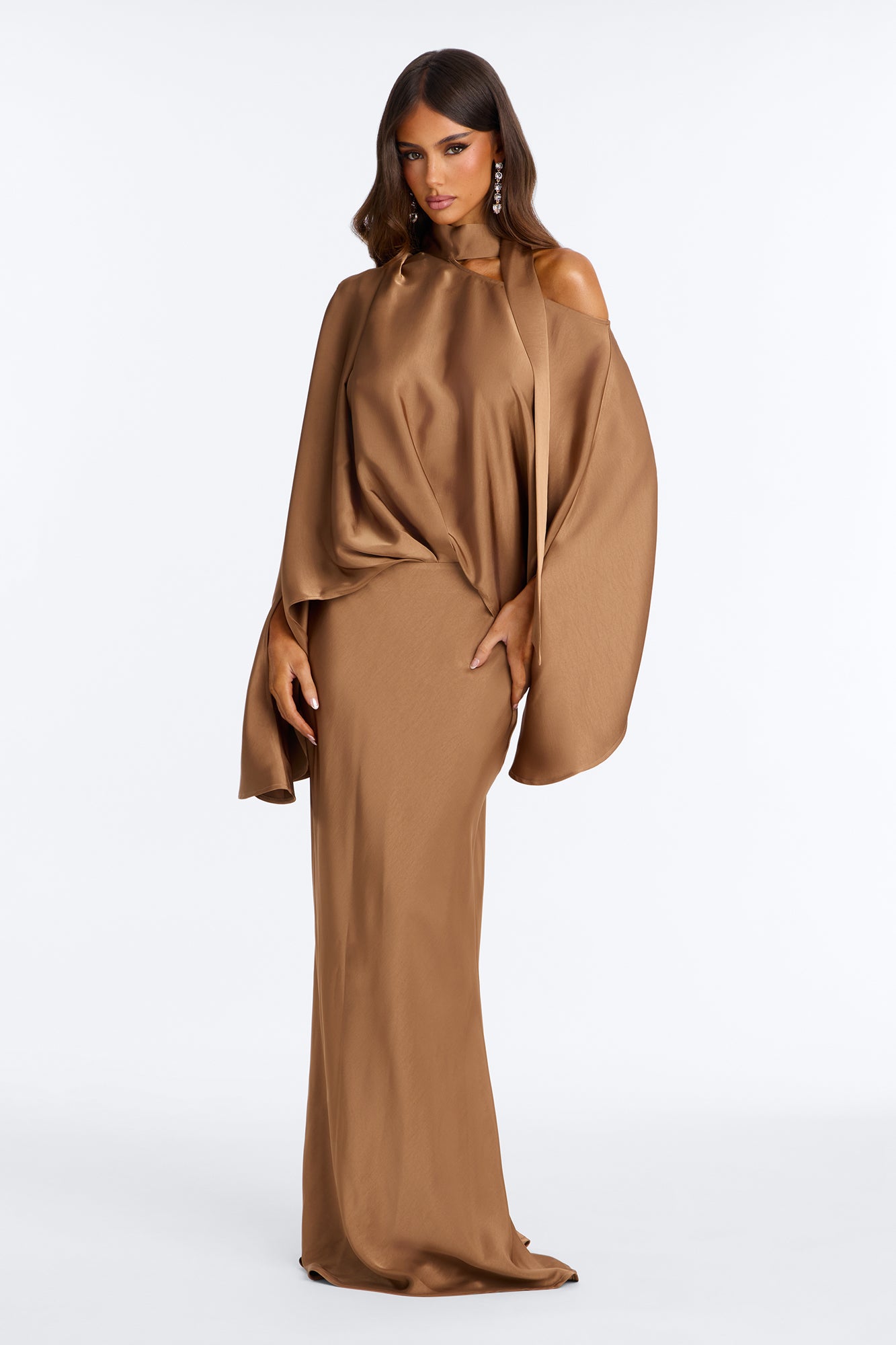 Drape Me Down Satin Maxi Dress - Mocha