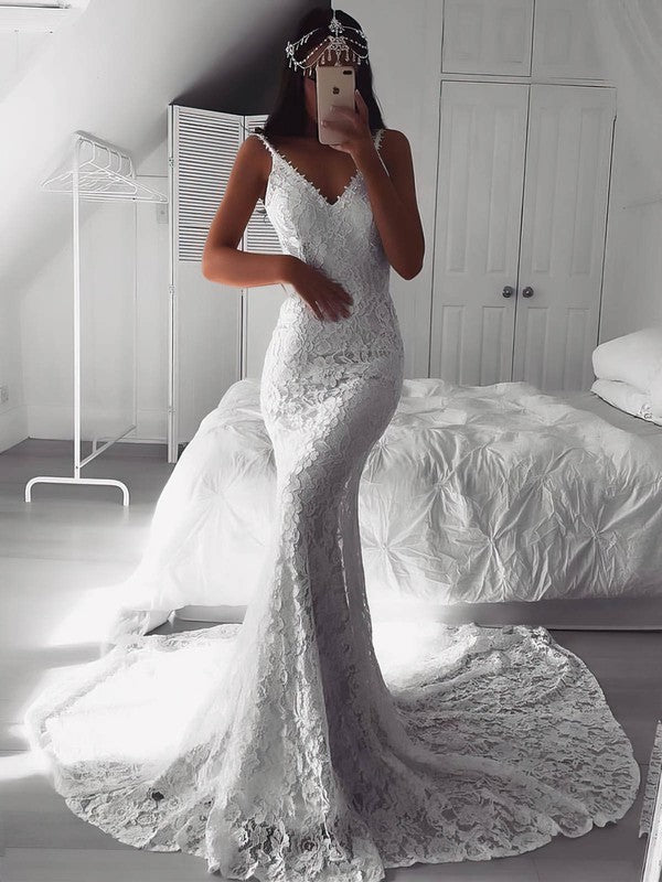 Elegant Trumpet V-Neck Sleeveless Lace Chapel Train Wedding Dresses