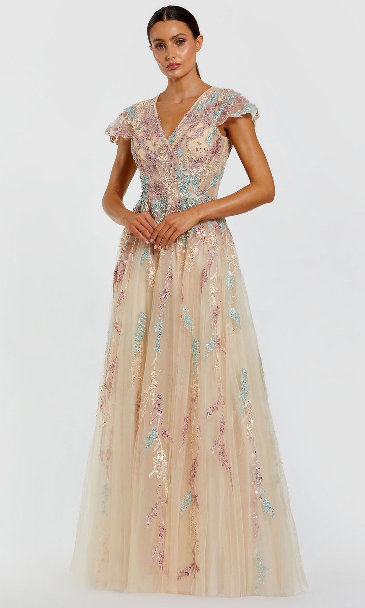 Mac Duggal 37014 - Beaded Floral Applique V-Neckline Evening Gown