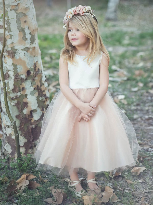 Chic Crew Sleeveless Tulle A-Line Tea-length Flower Girl Dresses