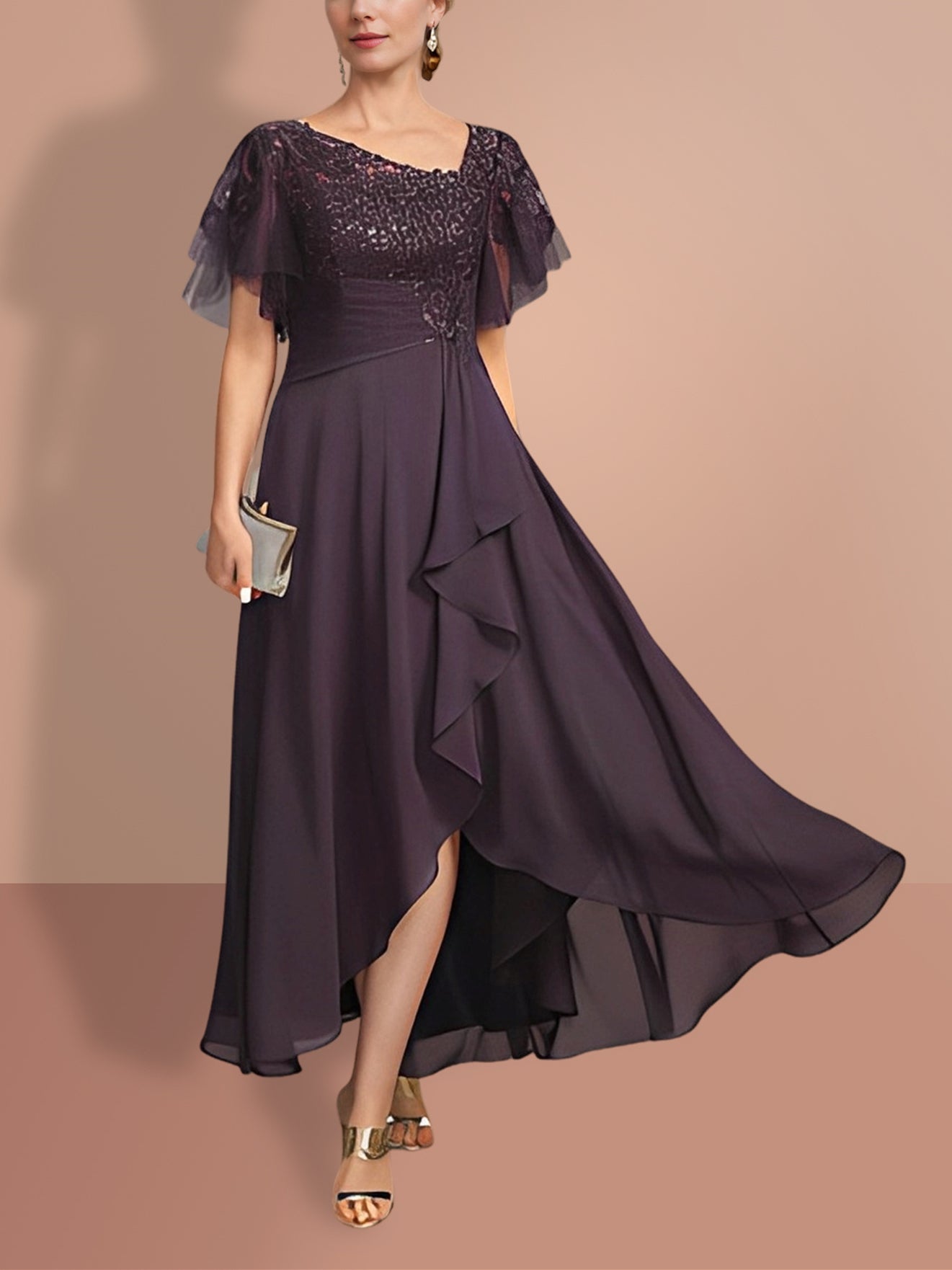 Short-Sleeve A-Line Princess Mother of the Bride Dress with Asymmetrical Design