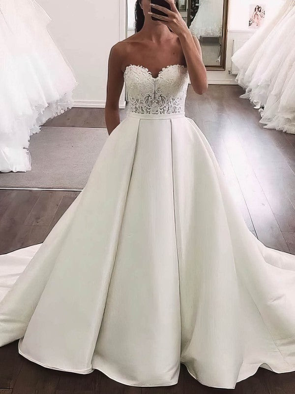 Charming Strapless Sweetheart Satin Lace Wedding Dresses