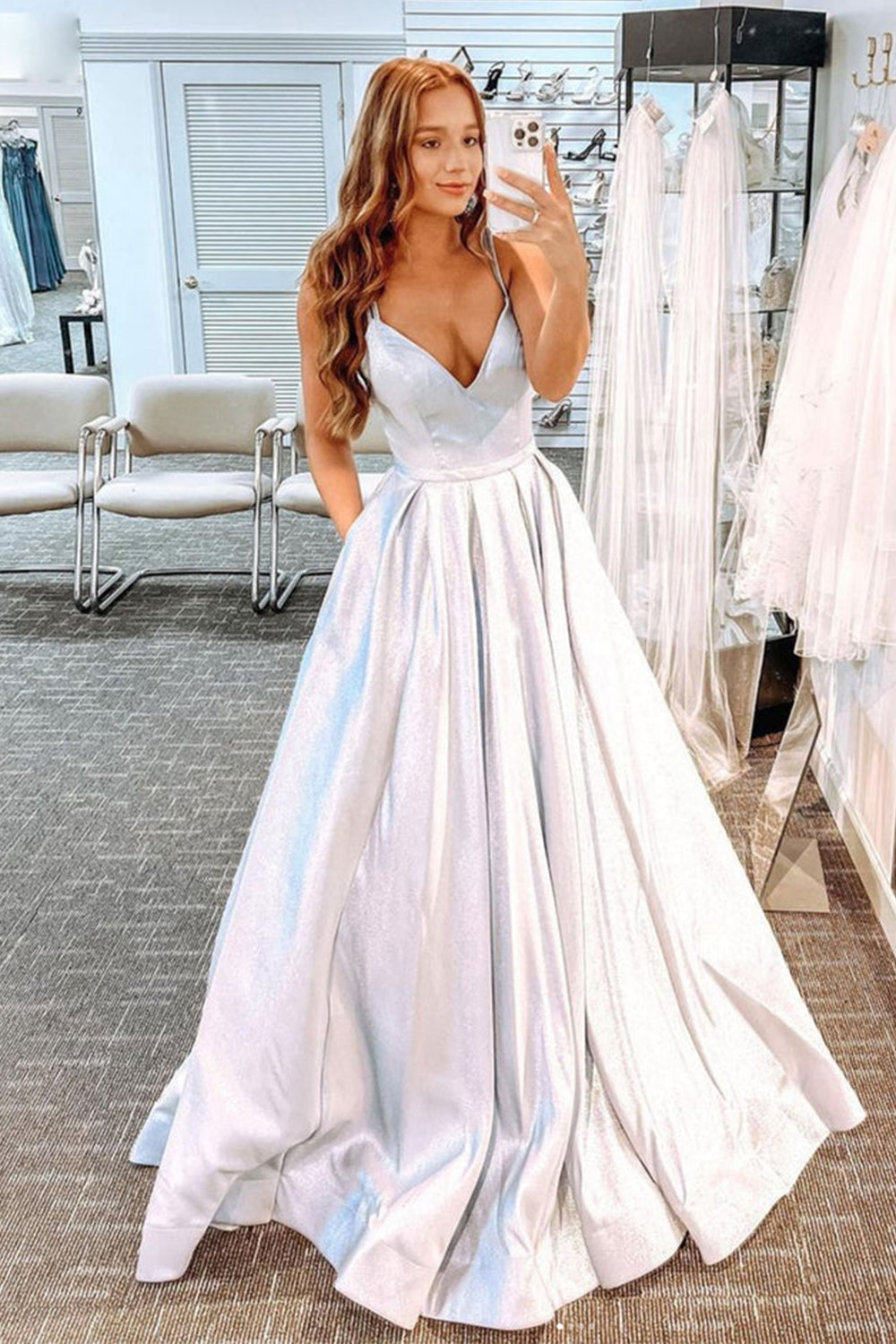 Long White Prom Dress with Pockets and Glitter