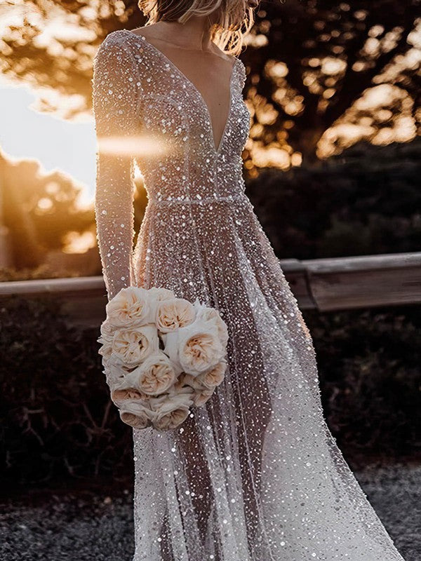 Glamorous A-Line V-Neck Sequined Sweep Train Wedding Dresses