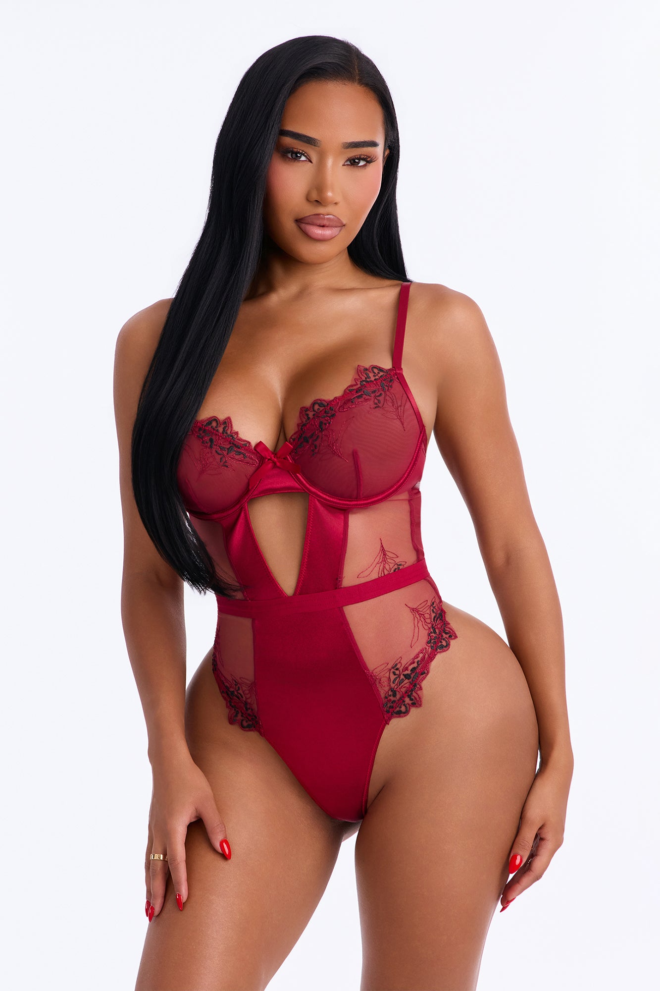 Nightfall Mesh Embroidered Teddy - Burgundy