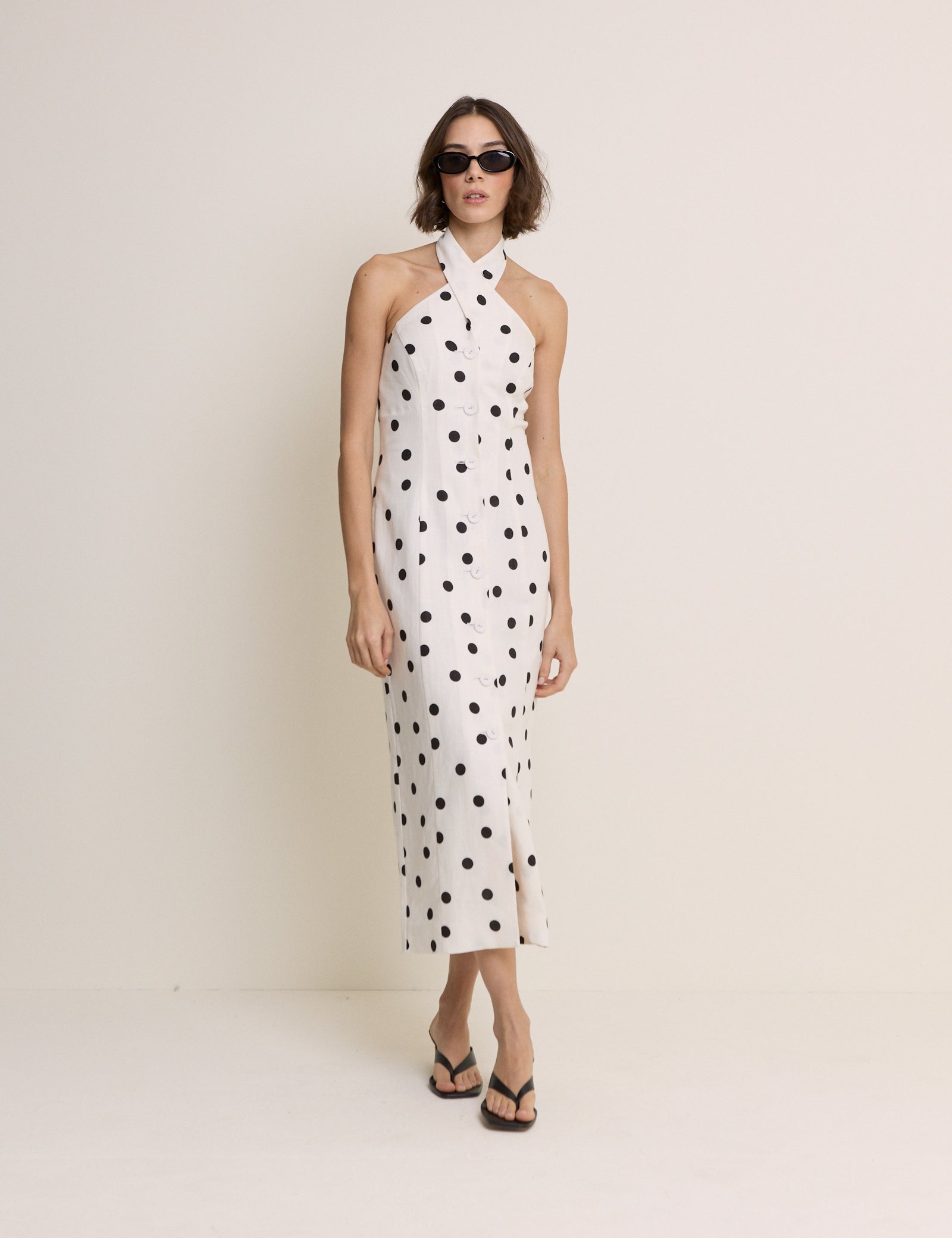 Polka Dot Wrap Neck Tailored Midi Dress