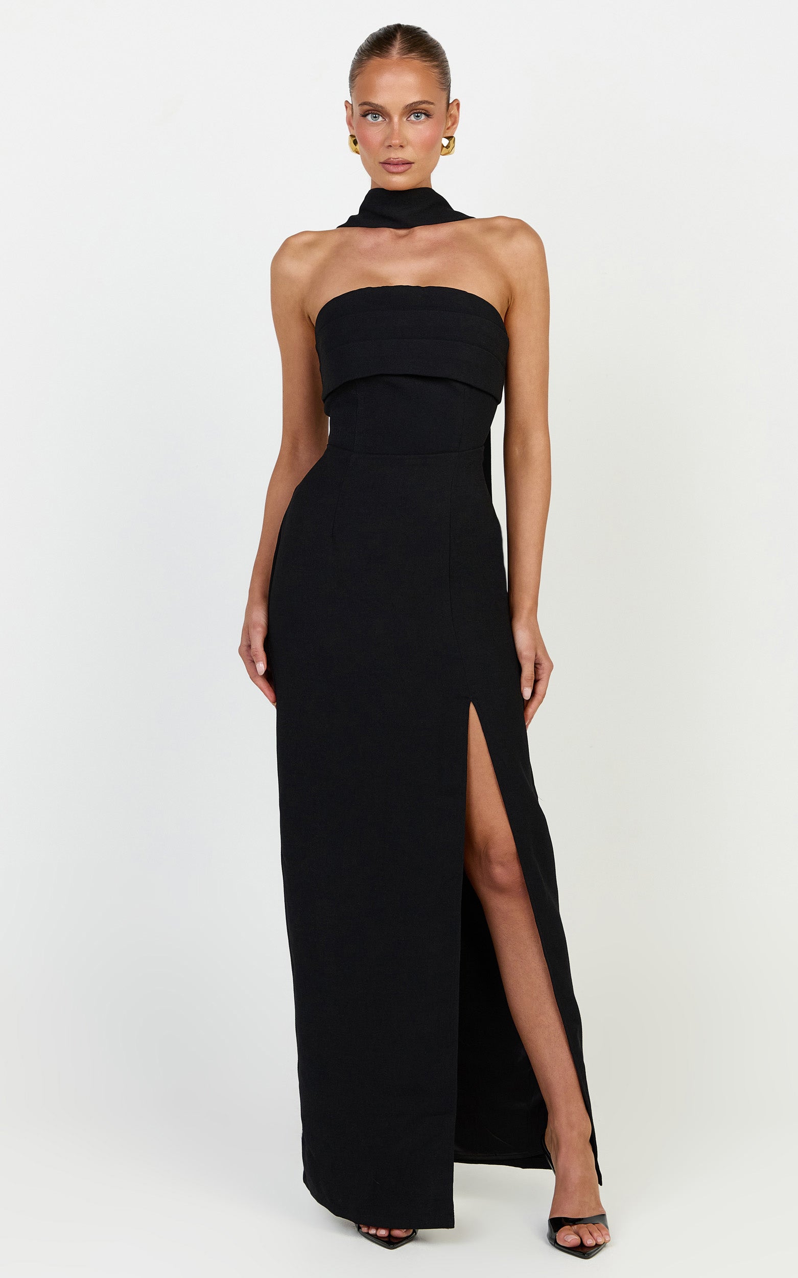 Marcelline Maxi Dress - Strapless Split Leg Fitted Dress With Neck Scarf in Black