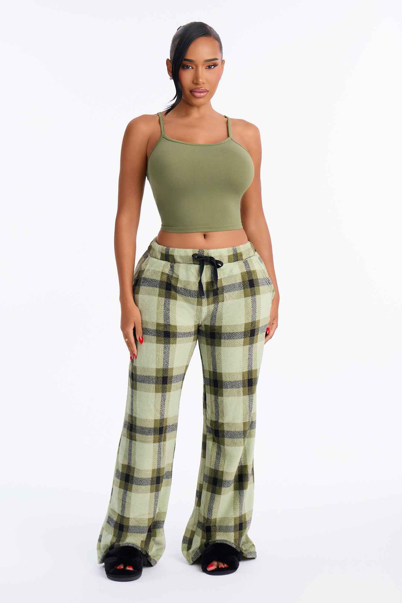Simply Sleepy Cami PJ Plaid Plush Pant Set - Green