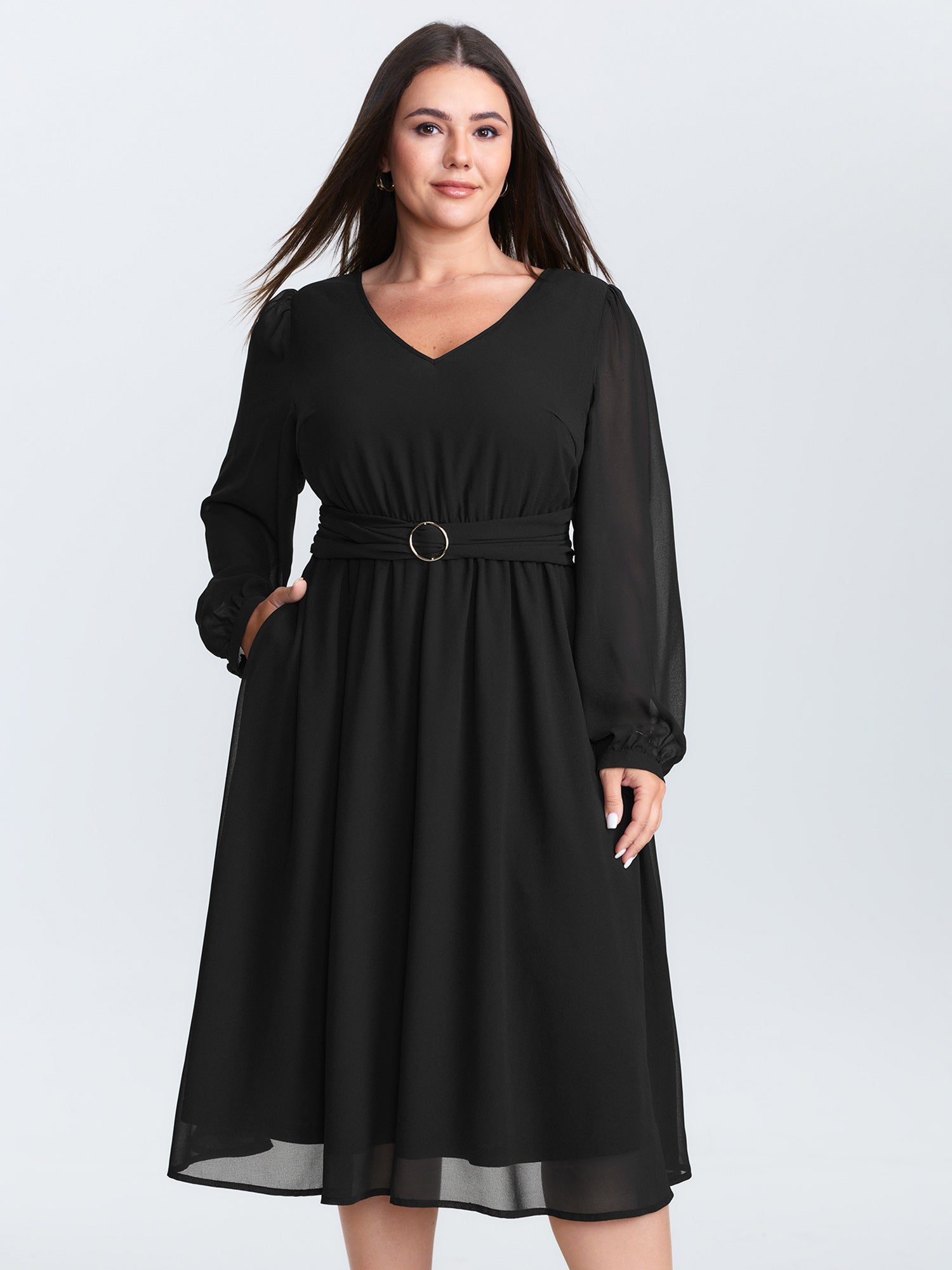 Sheer Pleated Metal Detail Midi Dress