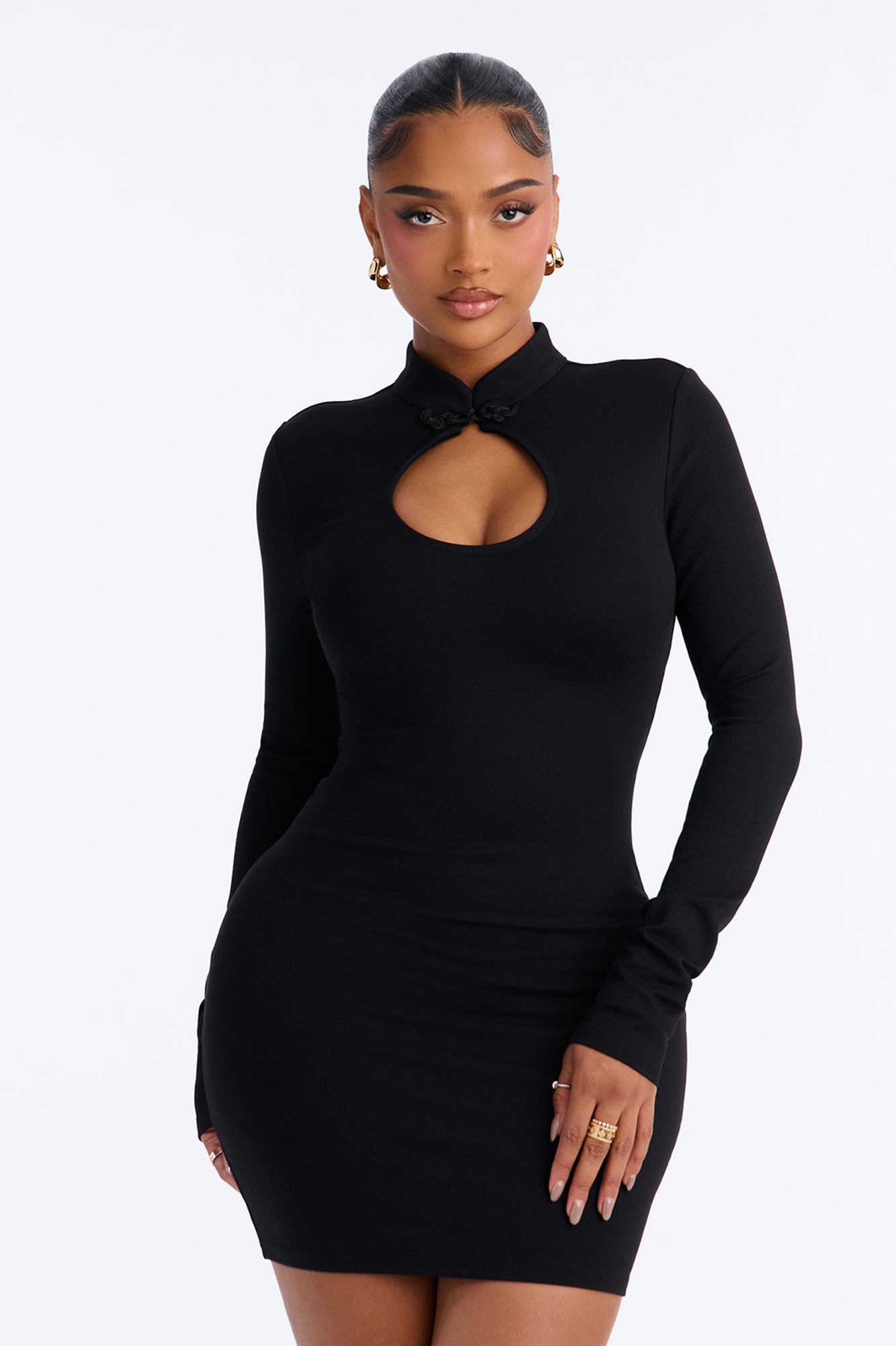 Rosette Ponte Long Sleeve Mini Dress - Black