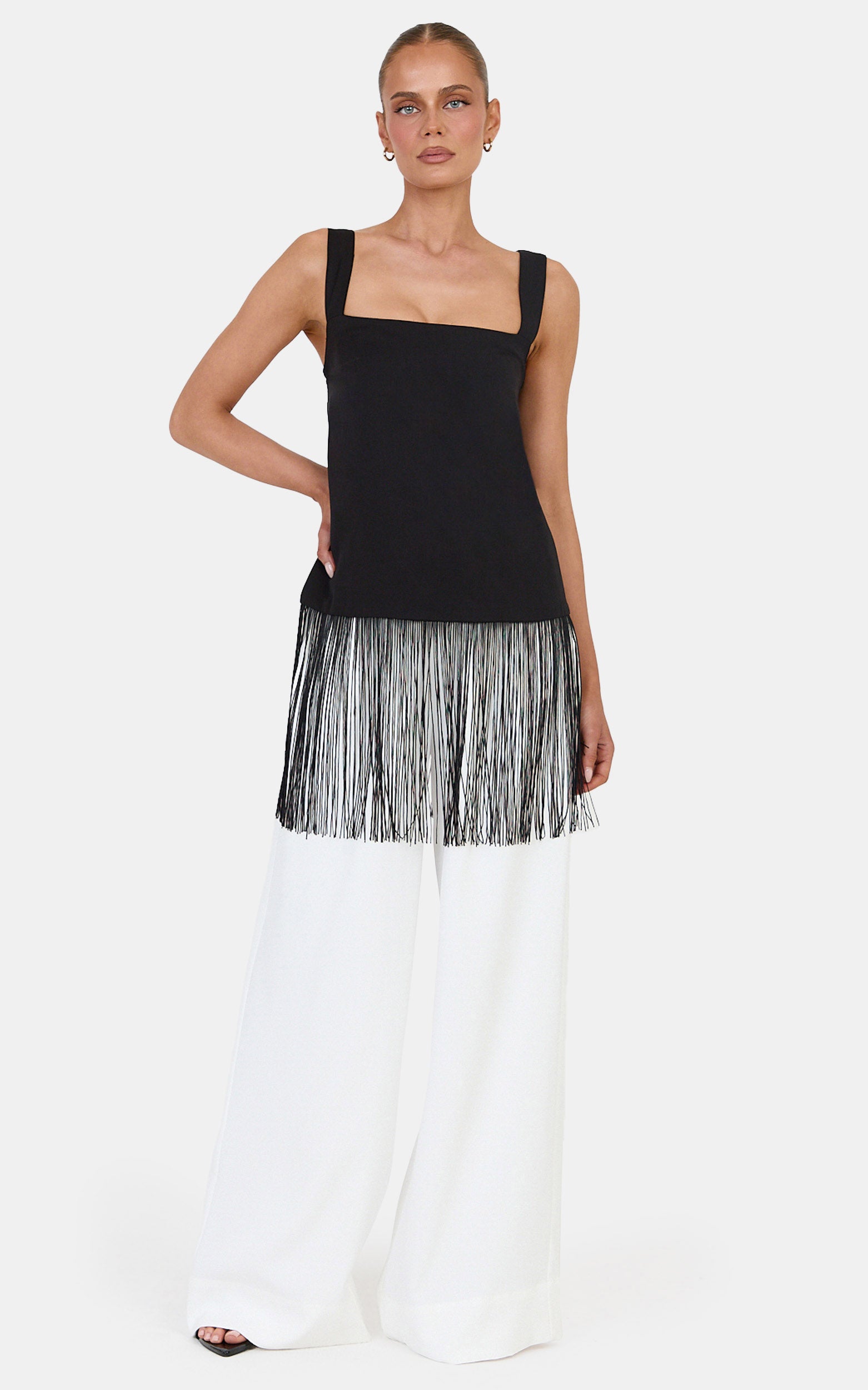 Yara Top - Fringe Hem Top in Black