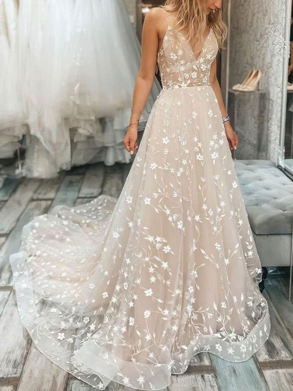 Stunning V-Neck Sleeveless Lace A-Line Wedding Dresses