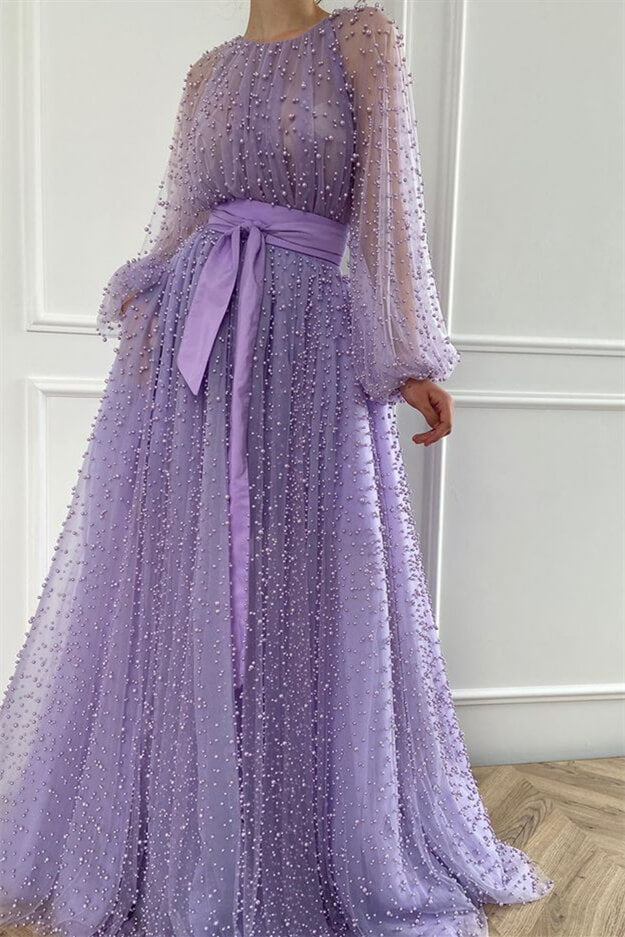Lilac Mermaid Beadings Jewel Evening Dress With Belt Pearls