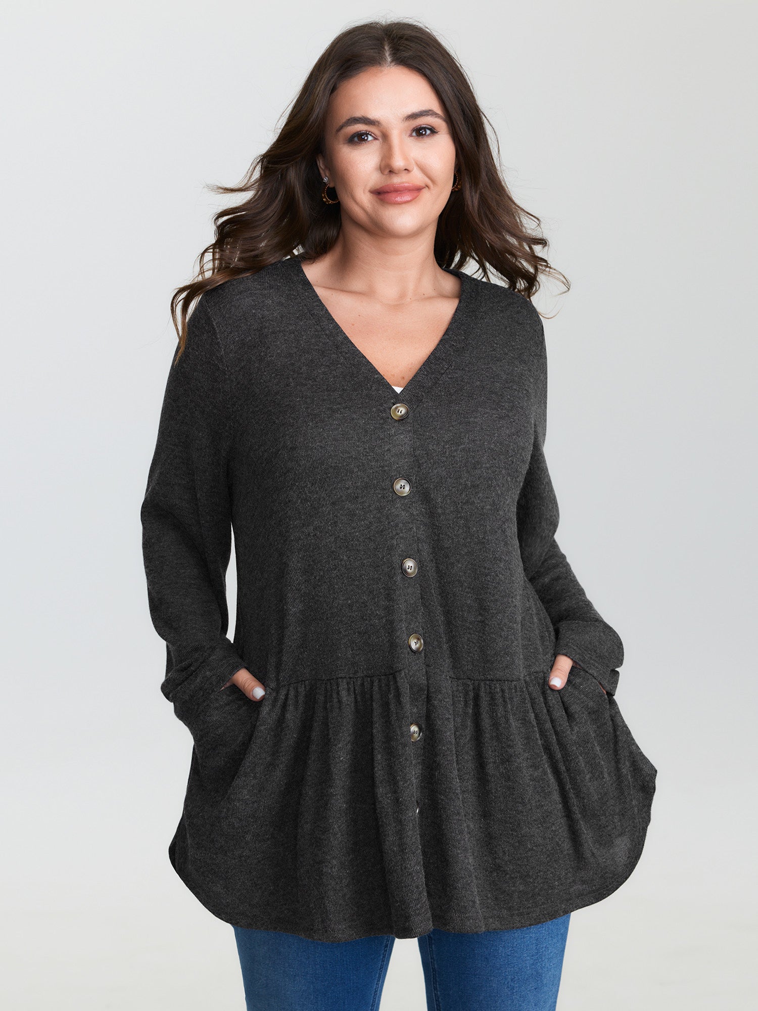 Textured Ruffled Hem Button Kimono