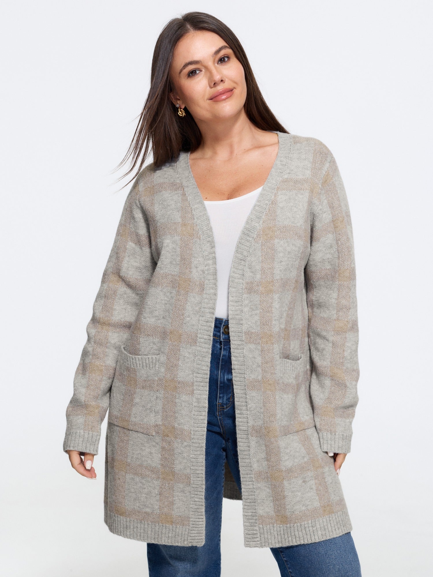 Plaid Pocket Open Front Cardigan