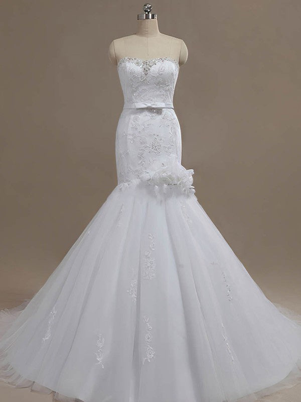 Trendy Mermaid Sweetheart Strapless Appliques Lace Tulle Wedding Dresses with Ribbon