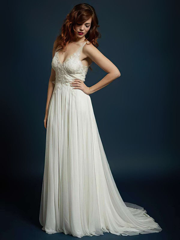Charming A-Line V-Neck Sleeveless Lace Tulle Wedding Dresses with Sweep Train