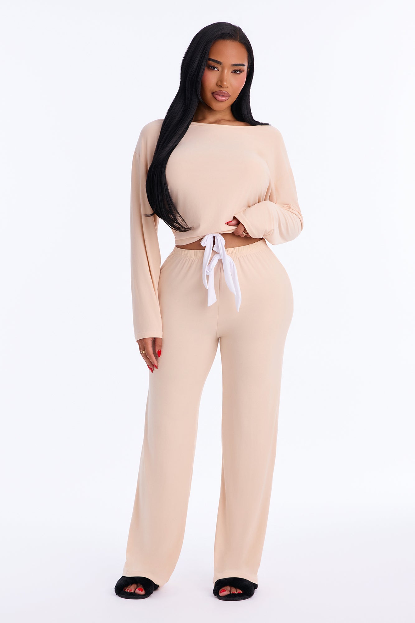 Stay Warm Long Sleeve Drawstring Wide Leg PJ Pant Set - Nude