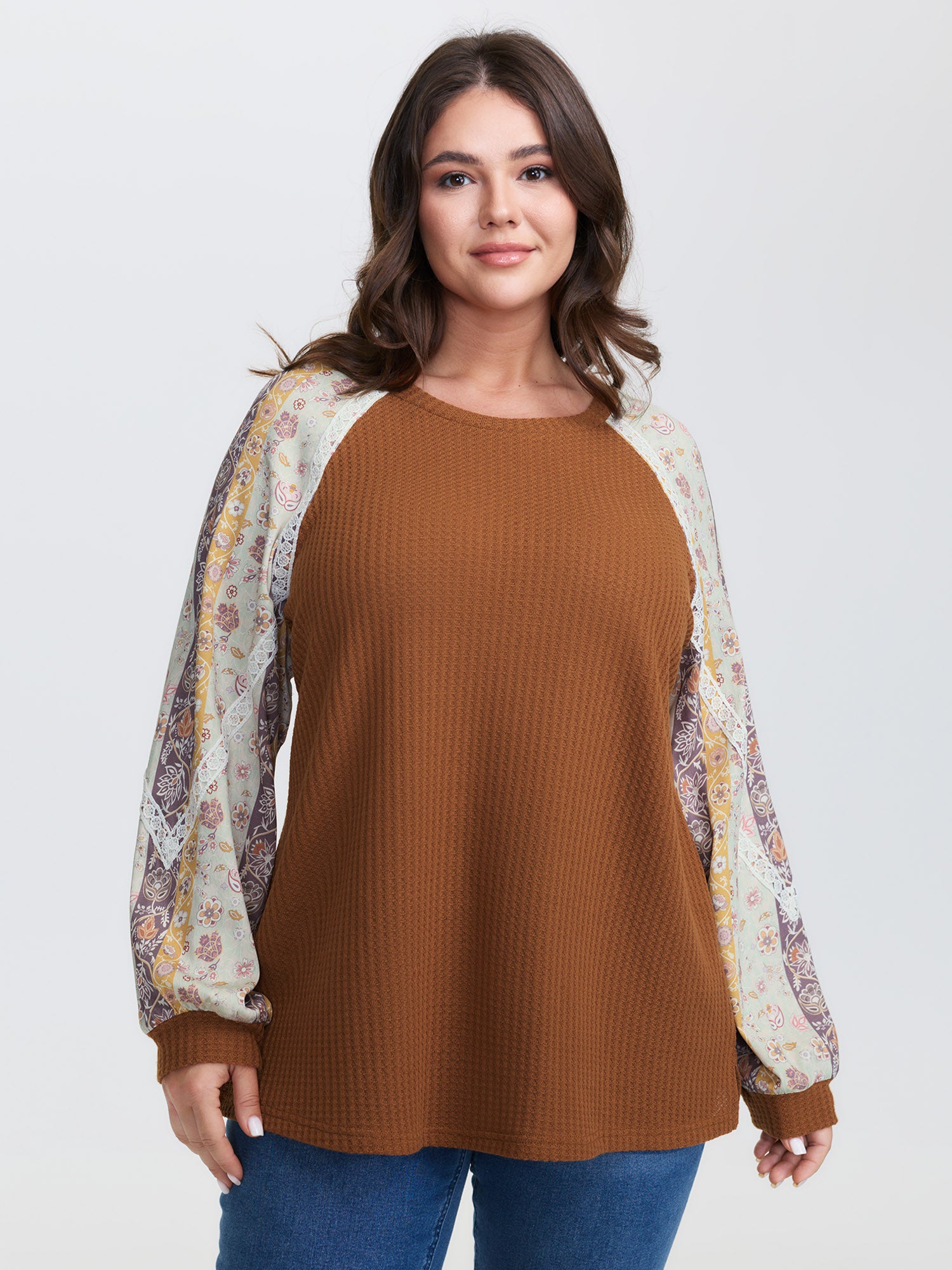 Floral Lace Trim Raglan Sleeve T-Shirt