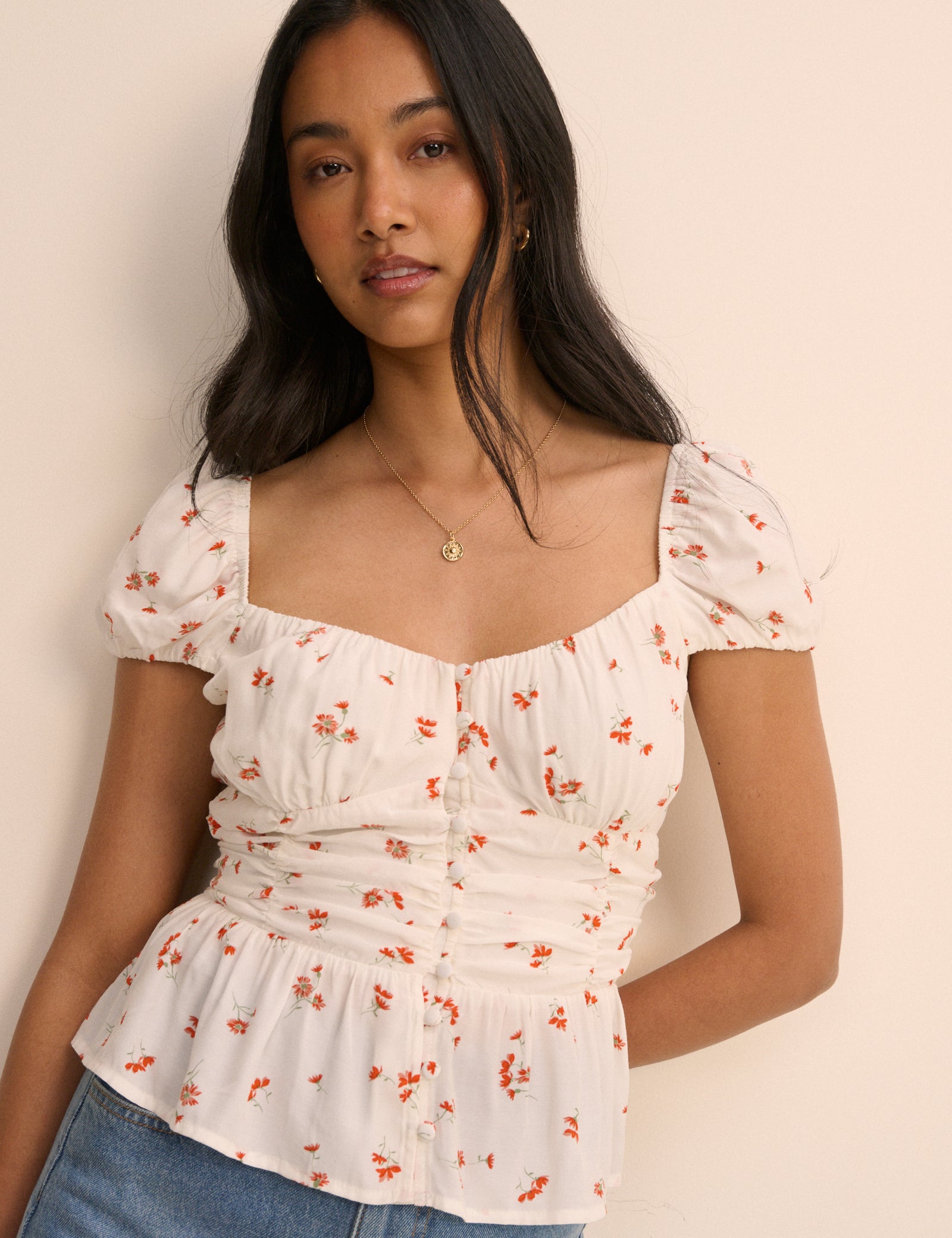 White Floral Ruched Top