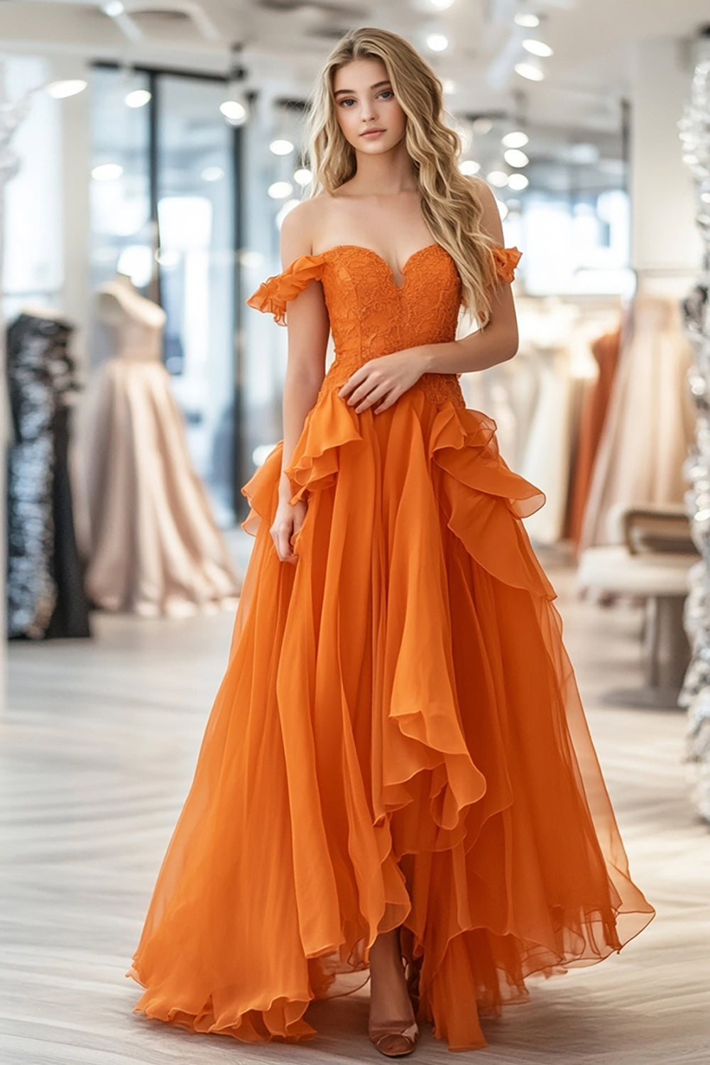 Long Orange Prom Dress in A-Line Silhouette with Off-the-Shoulder Organza Ruffles and Lace