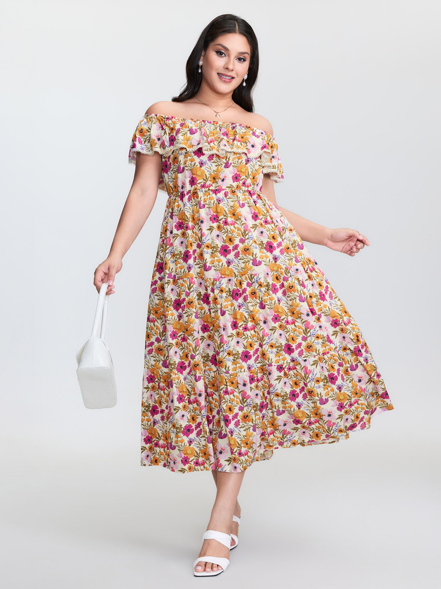 Floral Print Off-Shoulder Stretchy Waist Maxi Dress