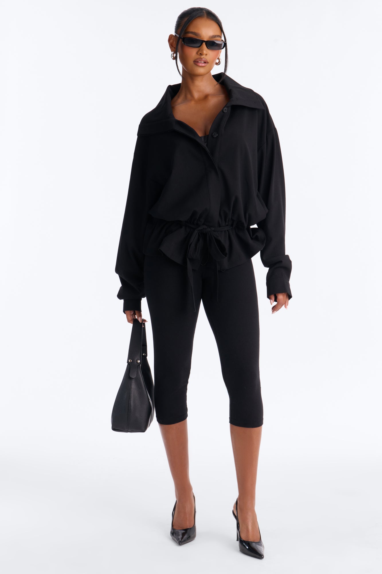 Lily Lightweight Crepe Woven Funnel Neck Jacket - Black