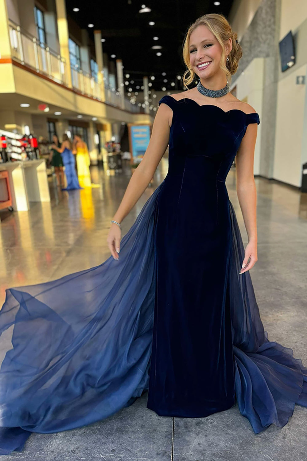Velvet Navy Long Prom Dress with Off-the-Shoulder Neckline and Waist Cape