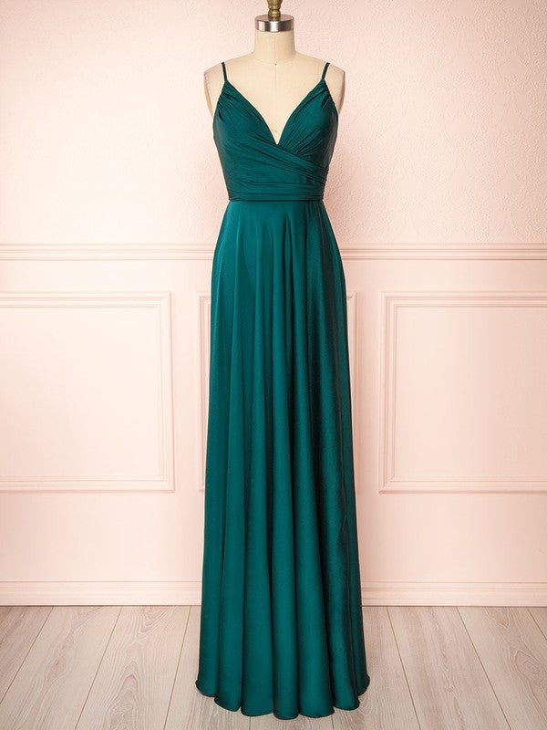 Trendy Floor-Length A-Line V-Neck Spaghetti Straps Satin Ruffles Bridesmaid Dresses