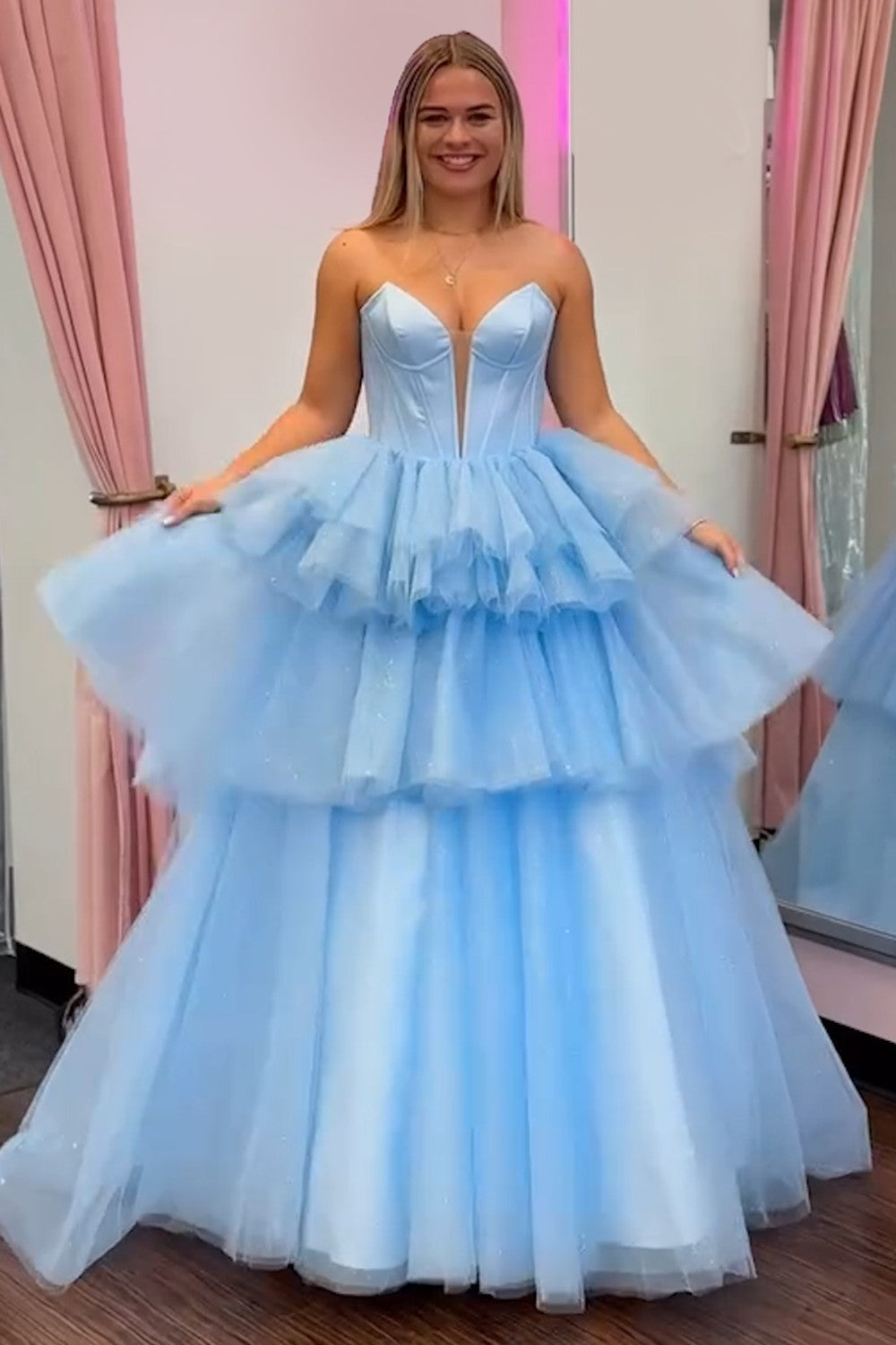 Sweetheart A-Line Prom Dress in Trendy Blue with Tiered Tulle and Corset