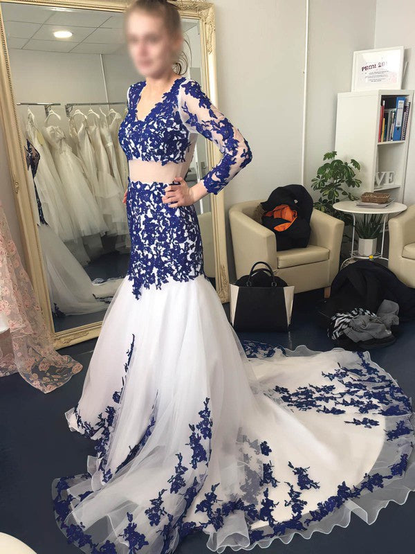 Fashionable Trumpet V-Neck Tulle Court Train Wedding Dresses with Appliques